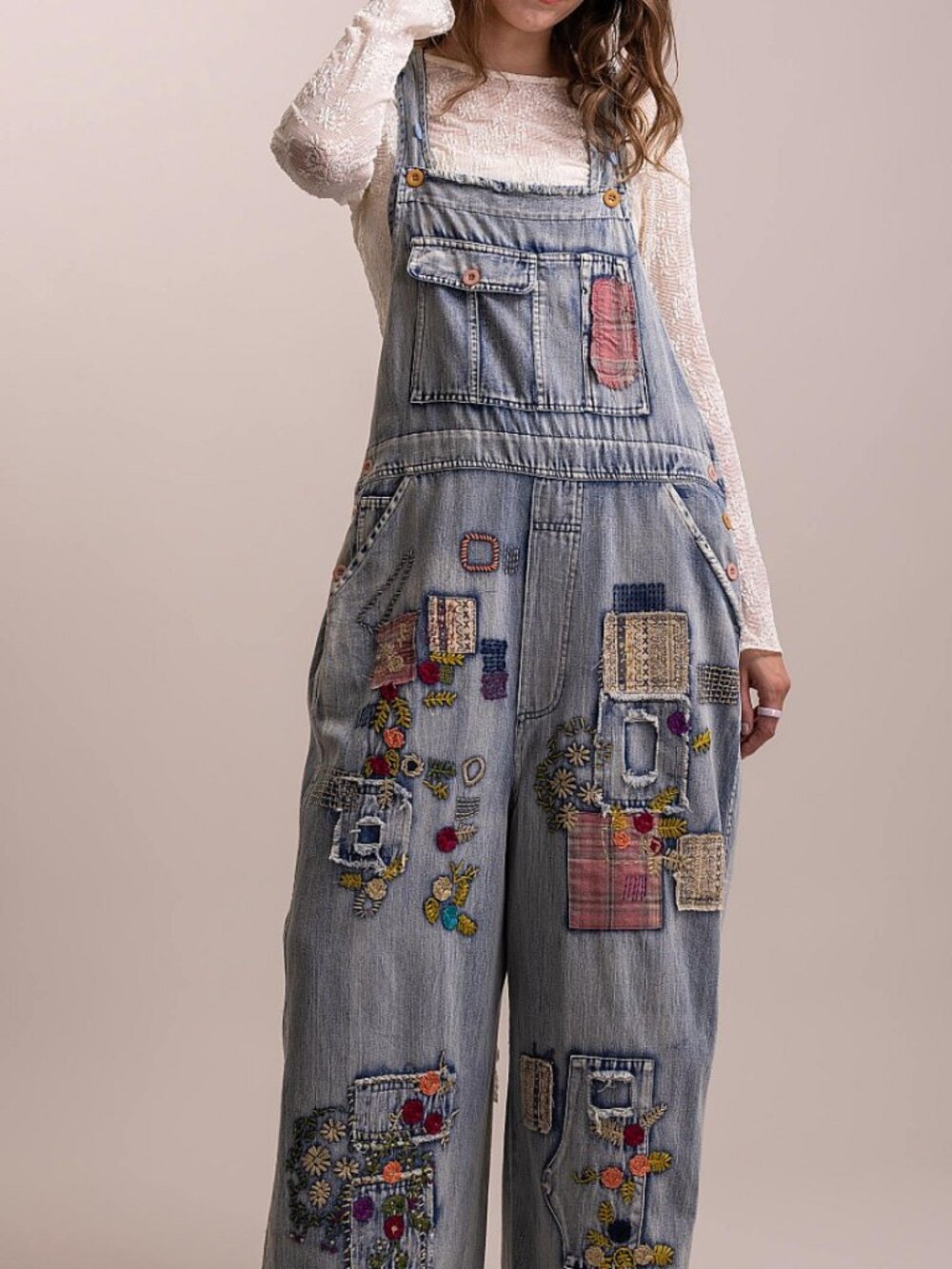 #1115 MULTI CONTRAST PACH MINERAL WASHED OVERALL Blue Velvet